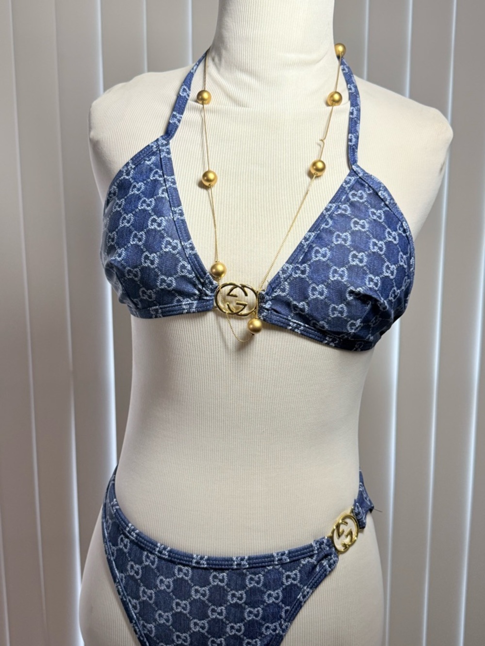 Gucci Blue Monogram Triangle Bikini with Gold Hardware - Picture 3 of 6